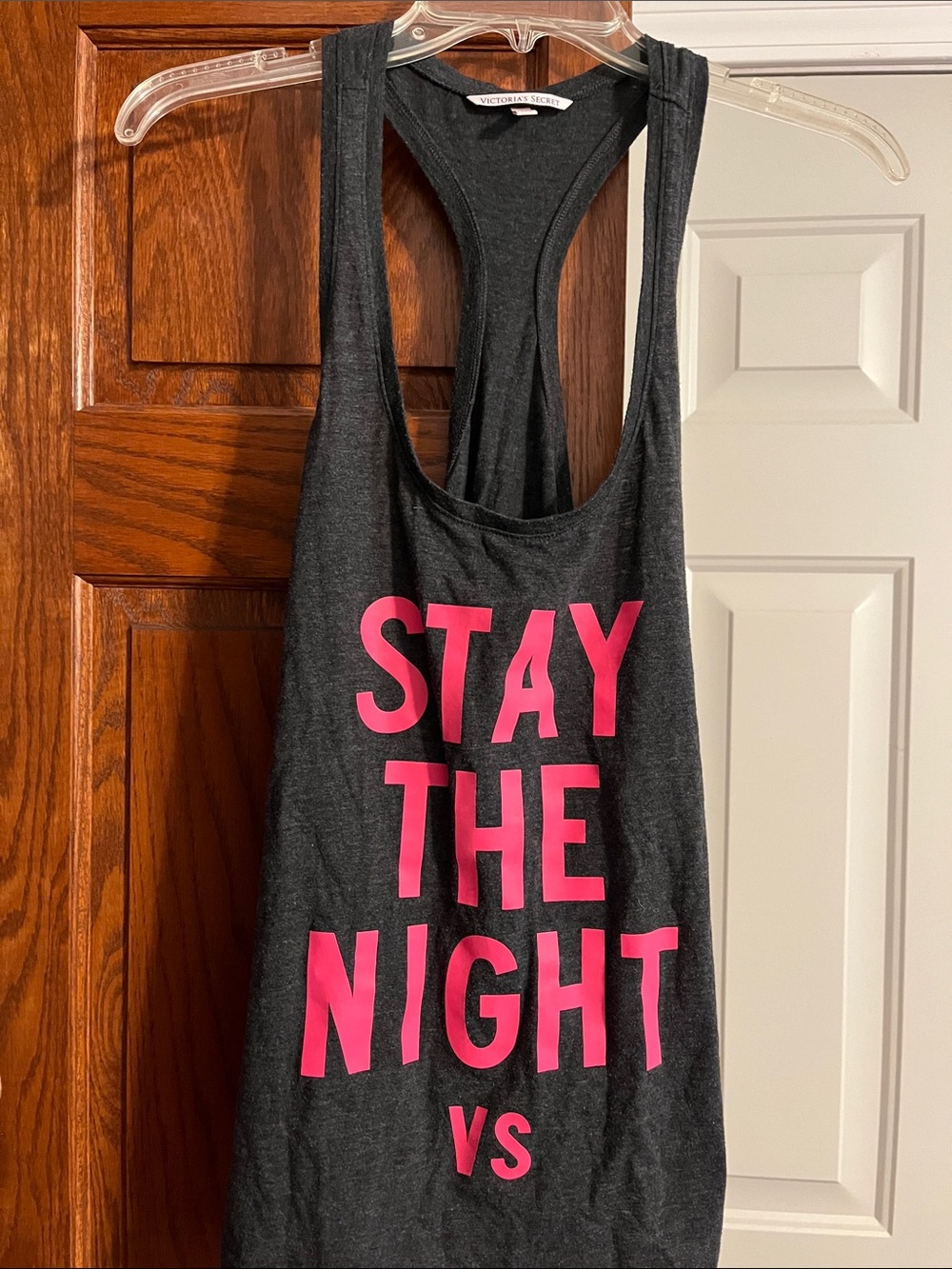 Victoria's Secret Charcoal Racerback Tank with Hot Pink 'STAY THE NIGHT' Print L